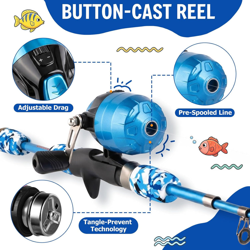 Kids Fishing Pole - Portable Kids Fishing Rod and Reel Combo, Kids Fishing Gear with Tackle Box, Spincast Reel