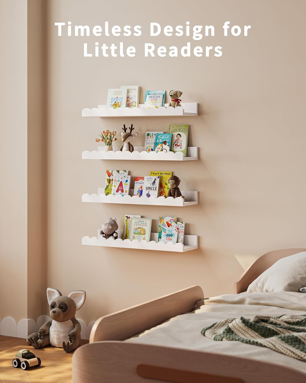 Nursery Book Shelves, 4-Pack White Floating Shelves for Wall Kids, Scalloped Shelves, Wall Book Shelves for Bedroom
