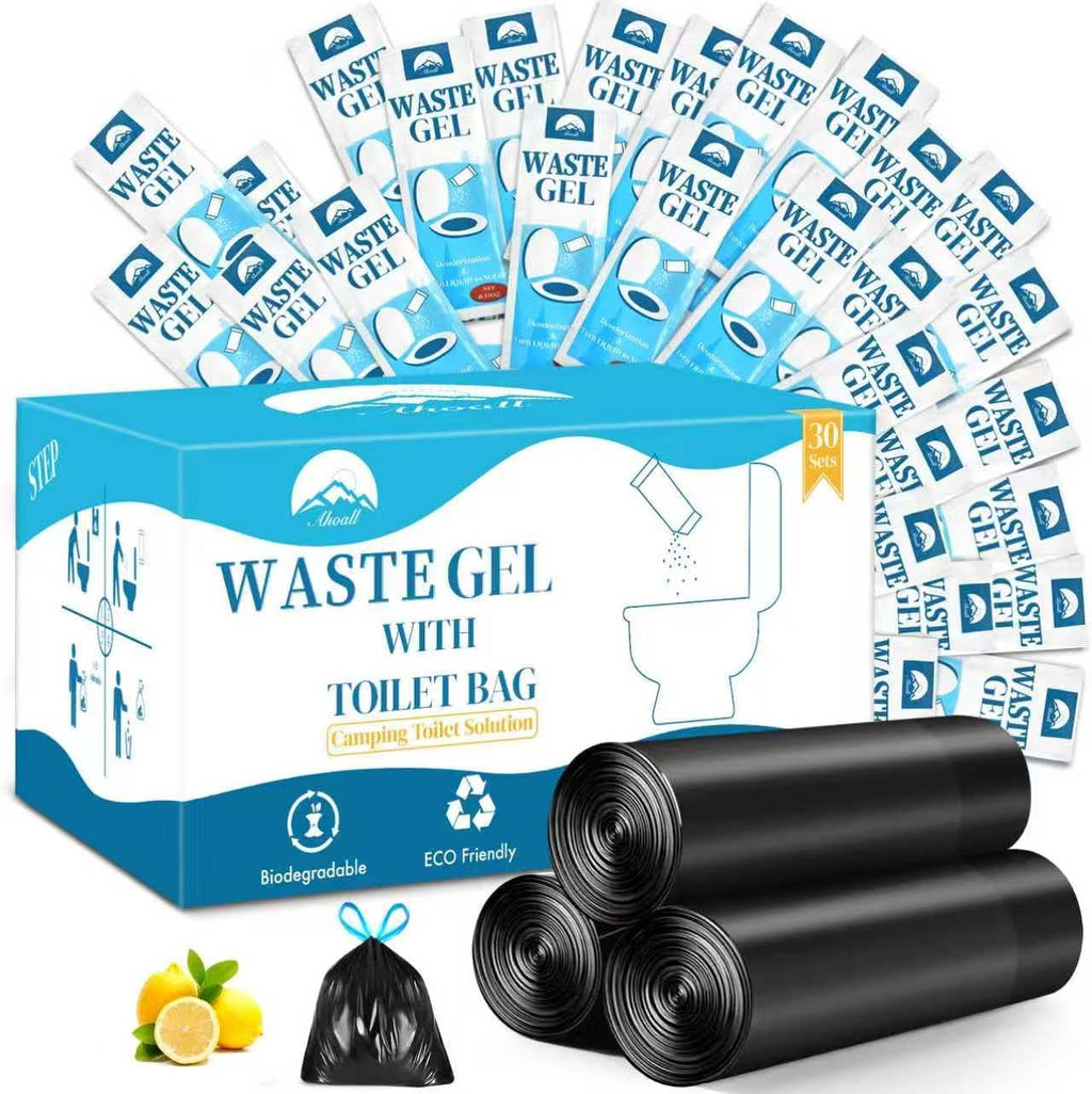 Portable Toilet Bags Poo Waste Gel Set, 30 Count 10 Gal Camping Toilet bags with drawstring and 30 Pack 0.53 Oz each