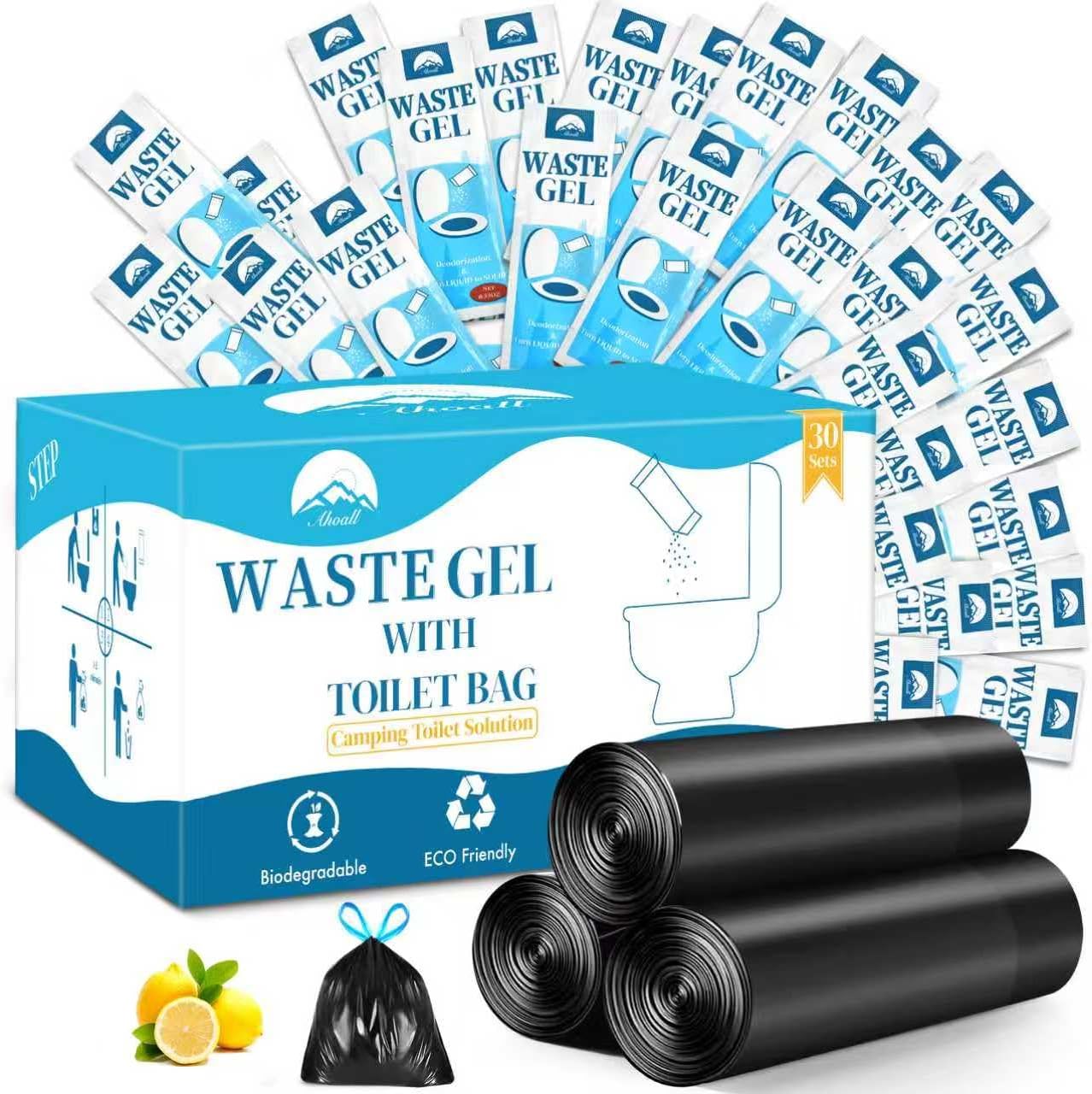 Portable Toilet Bags Poo Waste Gel Set, 30 Count 10 Gal Camping Toilet bags with drawstring and 30 Pack 0.53 Oz each