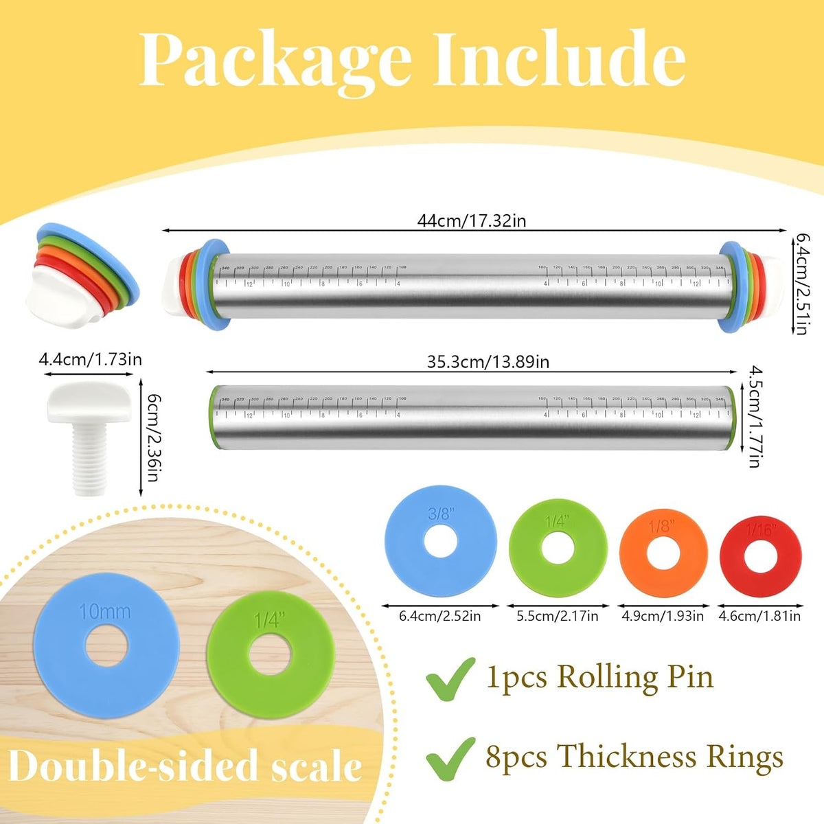 Adjustable Rolling Pin with 4 Thickness Rings for Baking, Cake Pop Roller