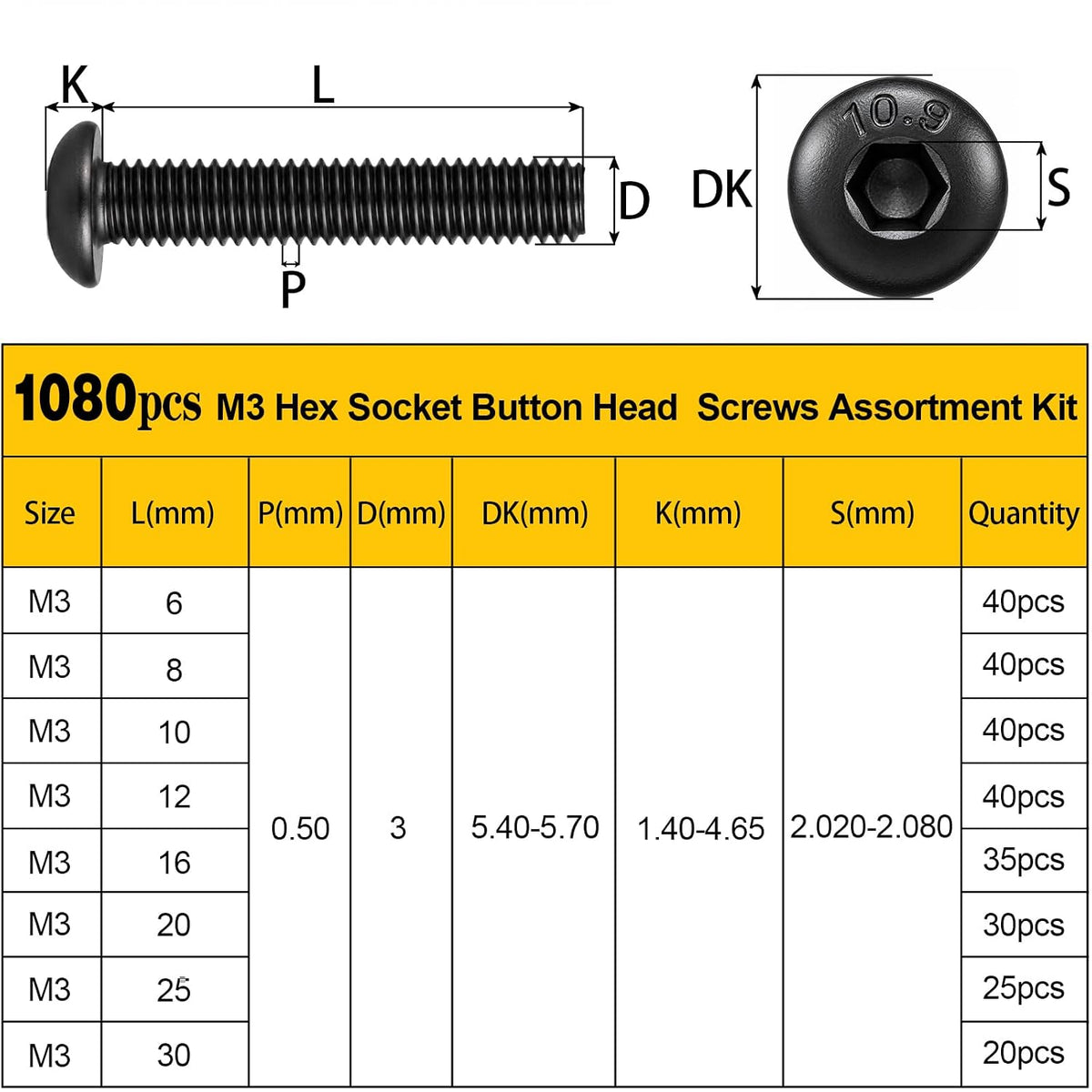 1080PCS M3 Button Screws Assortment Kit, M3x6/8/10/12/16/20/25/30 mm