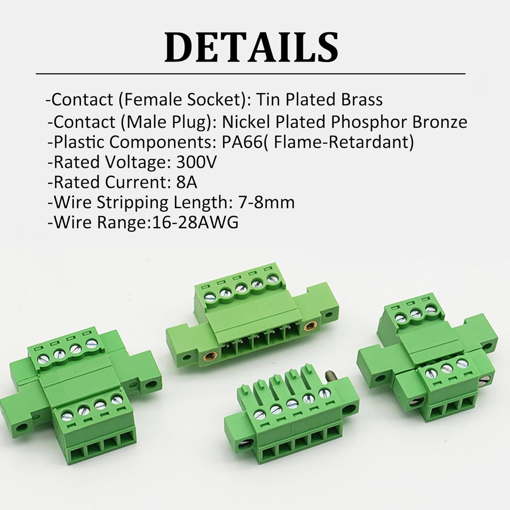 5 Set 4-Pin 3.81mm Pitch Screw Terminal Block Connector,Through-Wall Terminal Connectors - Phoenix Type - 8A, 300V, 16-28AWG