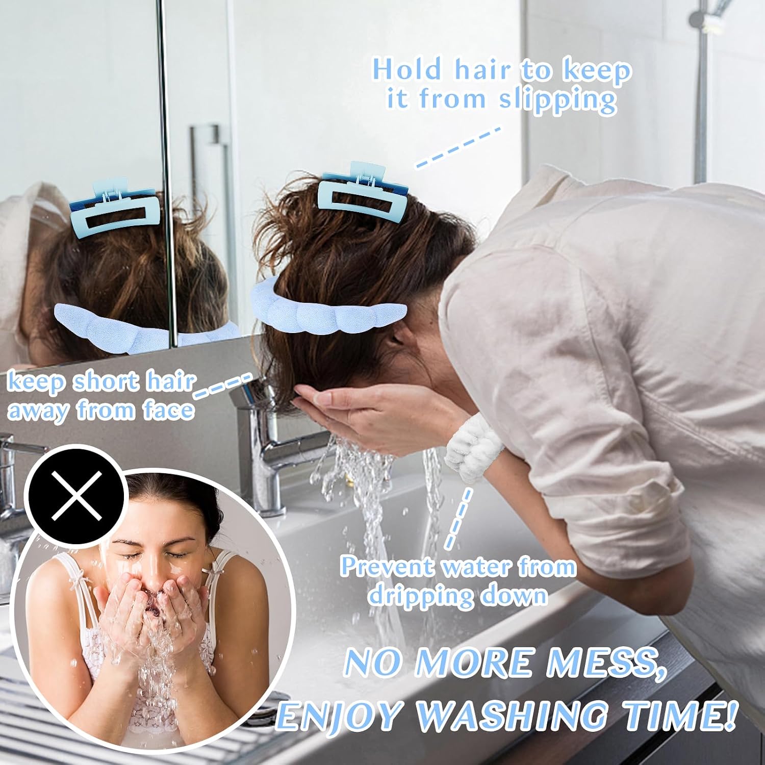 Spa Headband And Wristband Set Skincare Headband For Washing Face Hair Claw Clips For Thick Hair Cute Blue Puffy