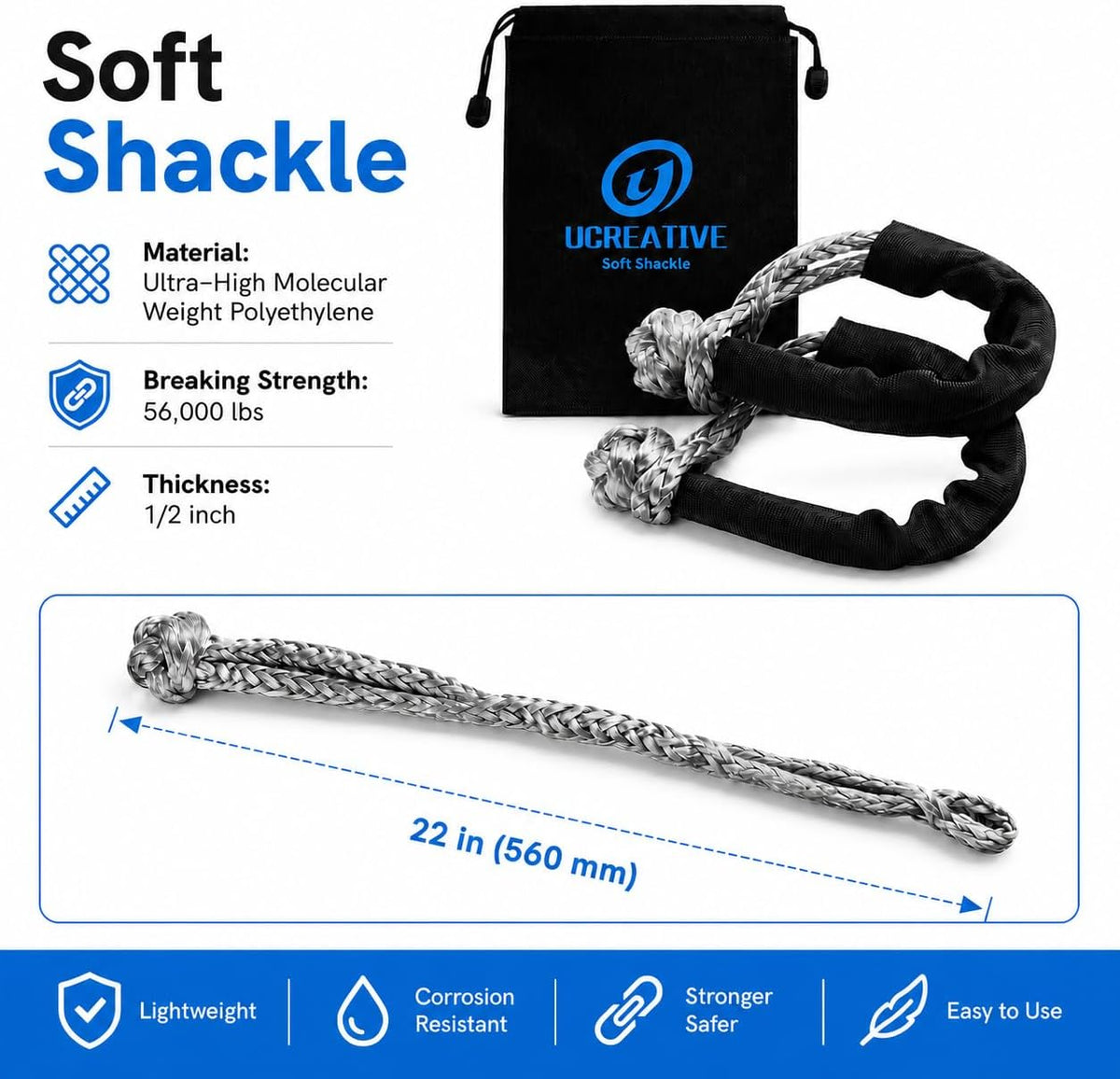 1" x 30' Kinetic Rope & 2PCS Synthetic Soft Shackles Kit Gray