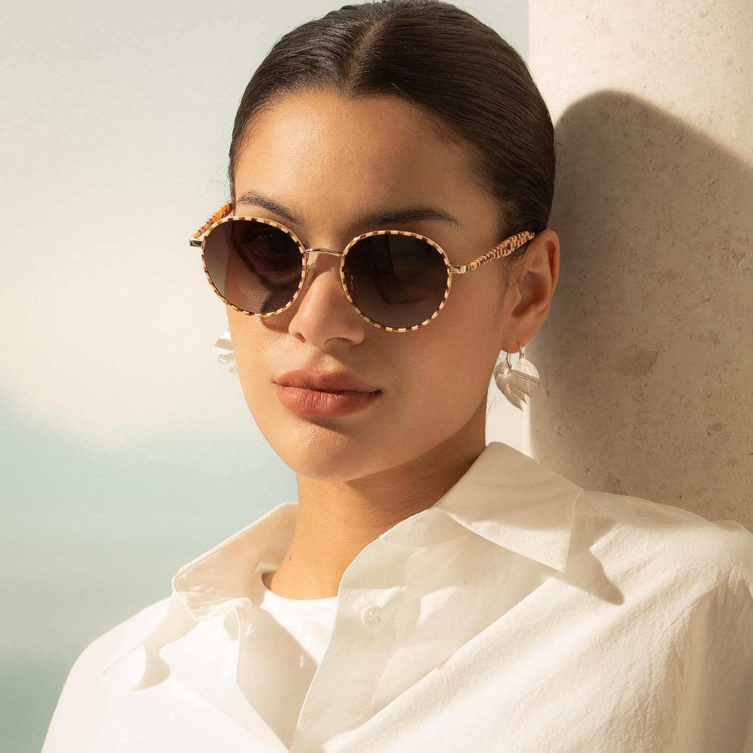 Retro Round Polarized Sunglasses for Women UV Protection | Acetate Arms Metal Frame Driving Sun Glasses