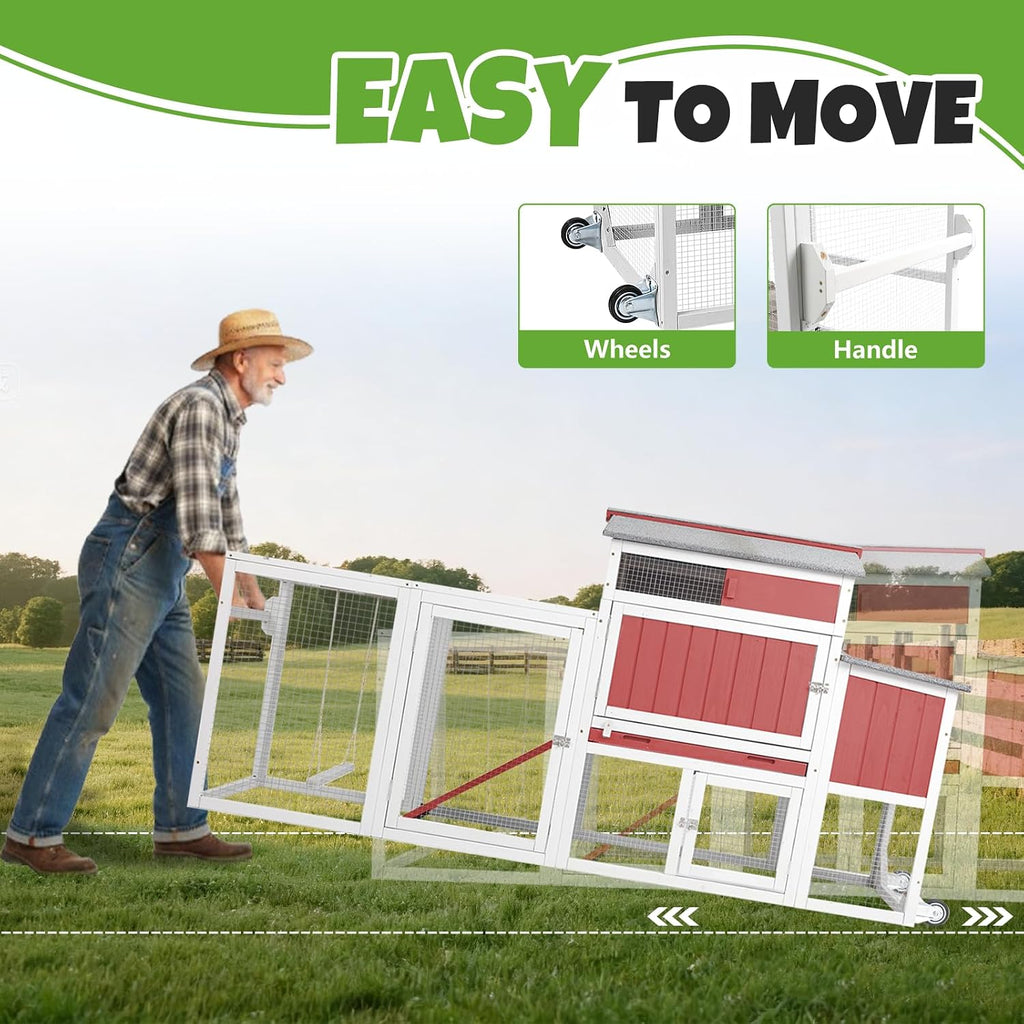 78" Mobile Chicken Coop with Wheels, Large Outdoor Hen House with Nesting Box, Run Ramp, and Pull-Out Tray for 2-4