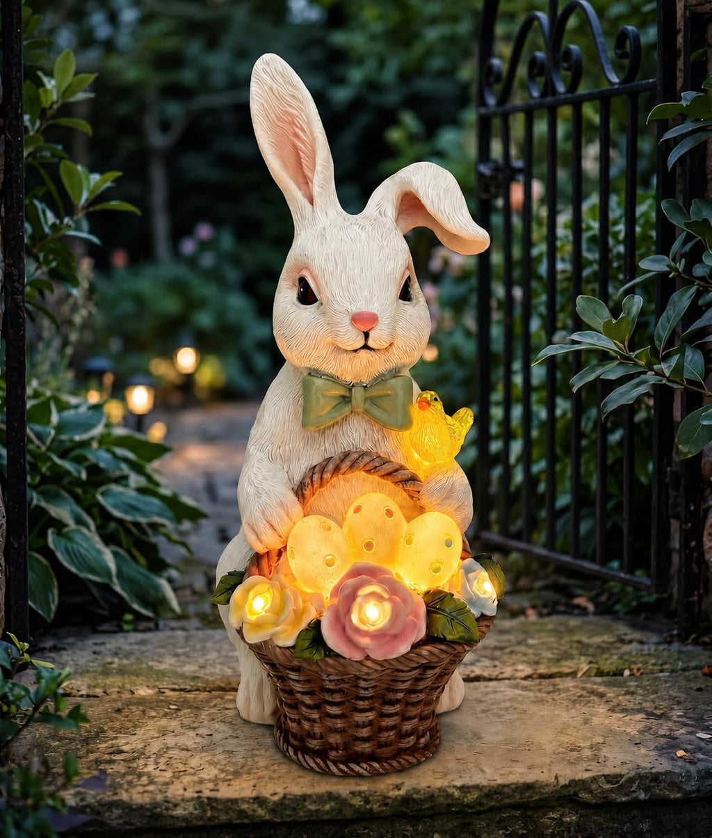 Solar Rabbit Garden Statue, Lighted Outdoor Bunny Yard Decor Gift | Glowing eggs and rose basket, hand-painted resin