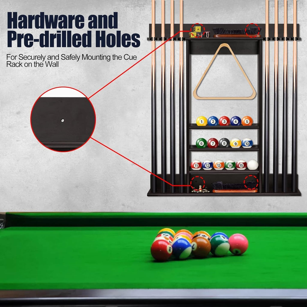 Pool Cue Rack Wall Mount,Cue Stick Holder,Wall Pool Stick Holder,Dark Brown | Holds 8 Cues and Full Set of Balls