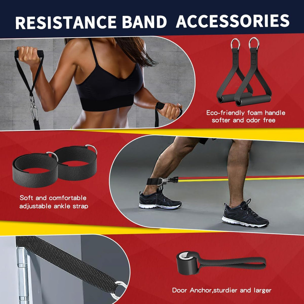 Resistance Bands with Handles, 5-Level Exercise Bands for Workout | Natural latex,10-50 lbs, stackable to 150,Ankle