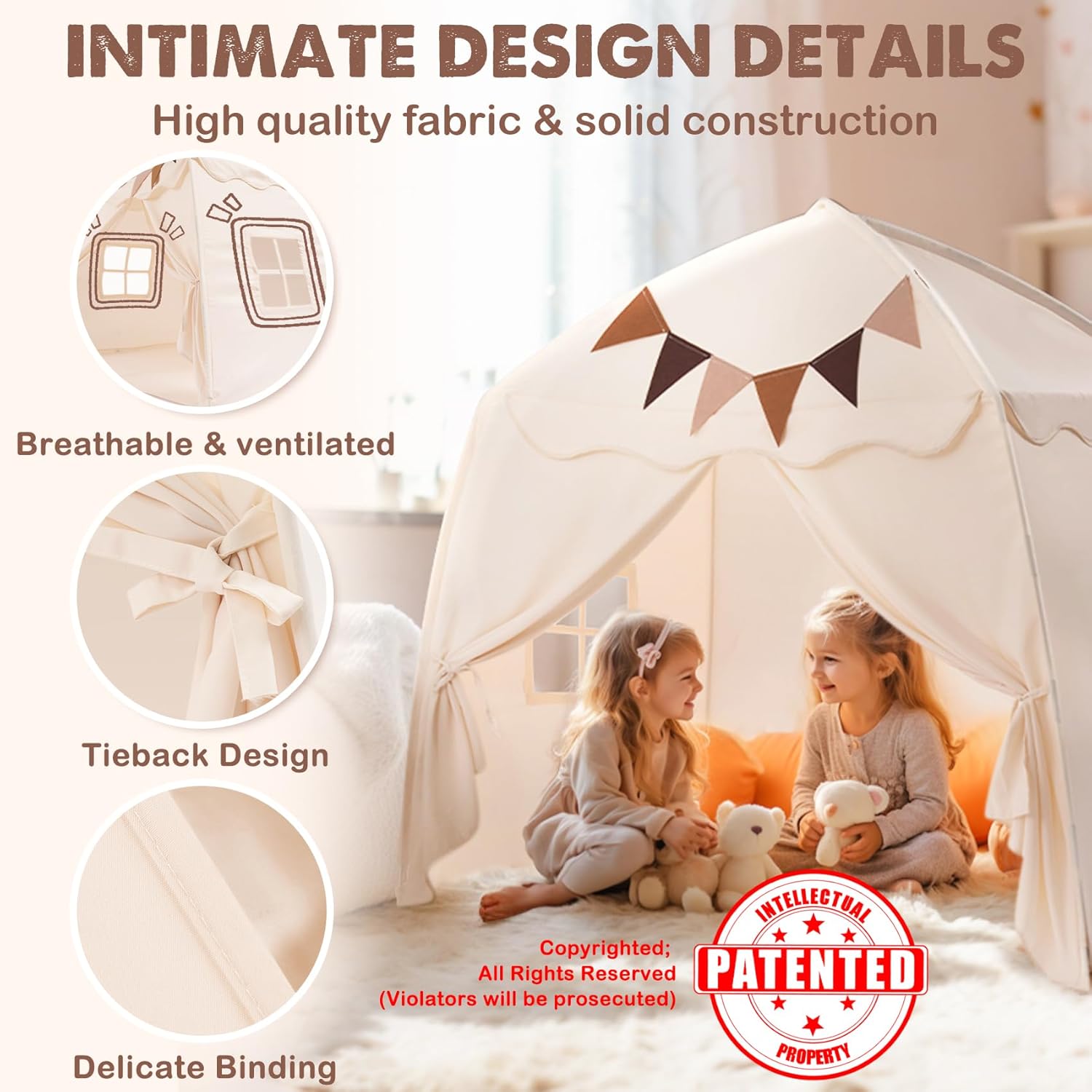 Extra Large Kids Play Tent with Flags & Star Lights, Portable & Foldable Teepee Tents, Dome Tent Playhouse for Indoor