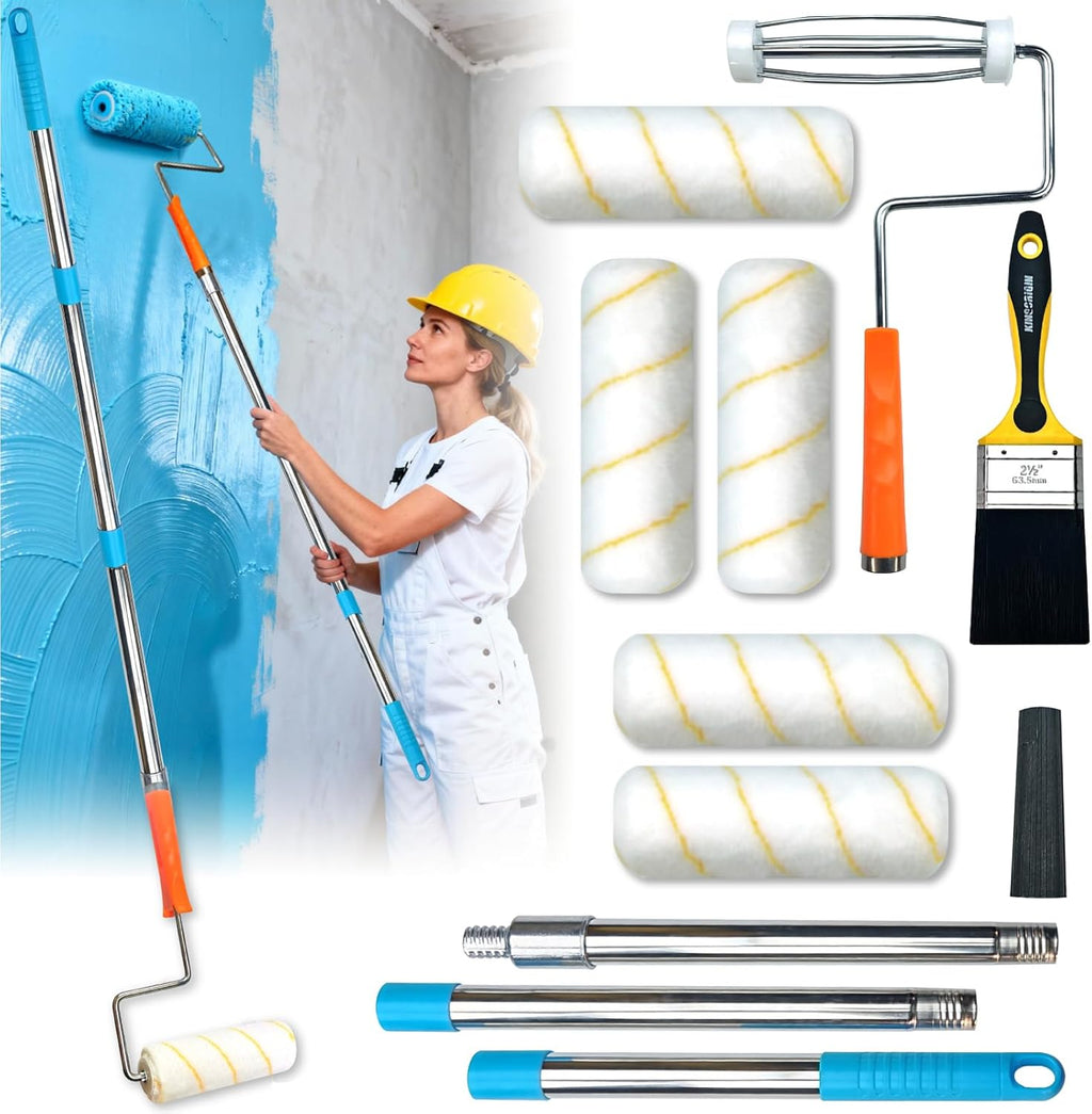 King Origin 10-Piece Paint Roller Kit with Extension Pole (4 ft), 7" Paint Roller Covers, Roller Frame, Paint Brush