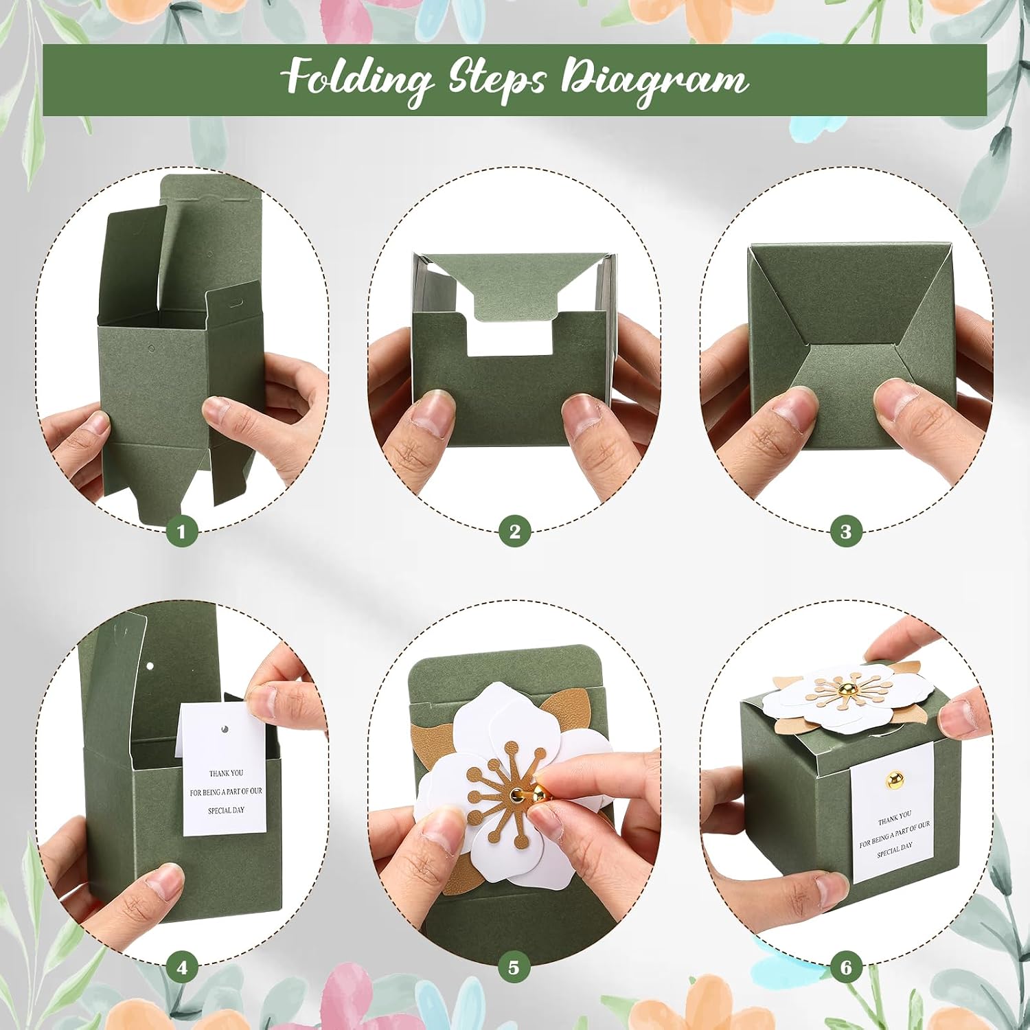 50 Pcs Wedding Favor Boxes with Thanks Card Square Flower Candy Boxes Paper Bridal Gift Box for Guests Wedding Bridal