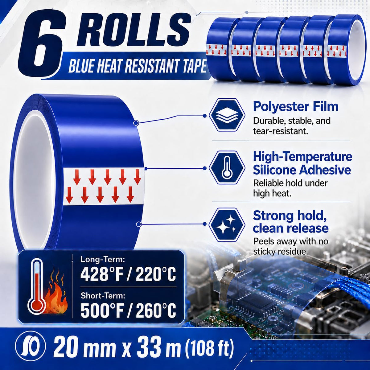 6 Rolls 20mm x33m (108ft) Blue Heat Resistant Sublimation Transfer Tape