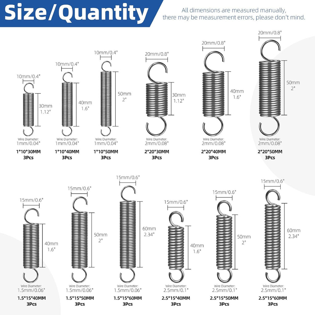 36pcs Stainless Steel Extension Springs with Opening Hook Sets 12 Sizes Small Spring Tension Spring Wire Assortment