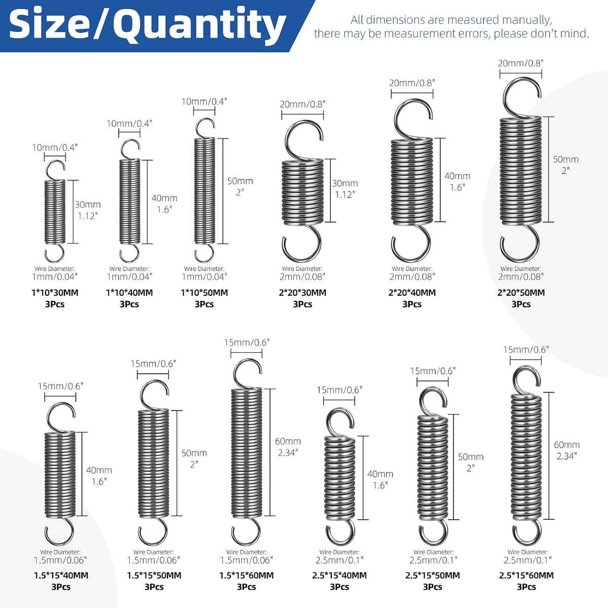 36pcs Stainless Steel Extension Springs with Opening Hook Sets 12 Sizes Small Spring Tension Spring Wire Assortment