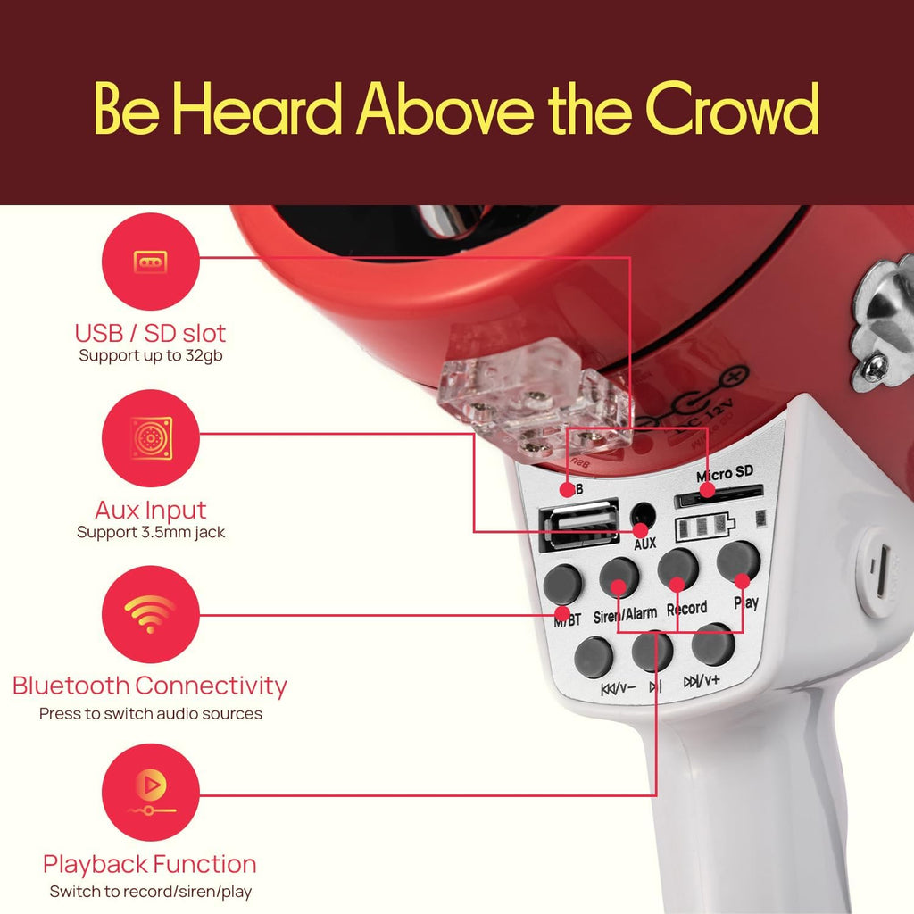 50W Megaphone PA Bullhorn Speaker with Built-in Siren, Adjustable Volume Control, USB/SD/AUX Inputs for Music