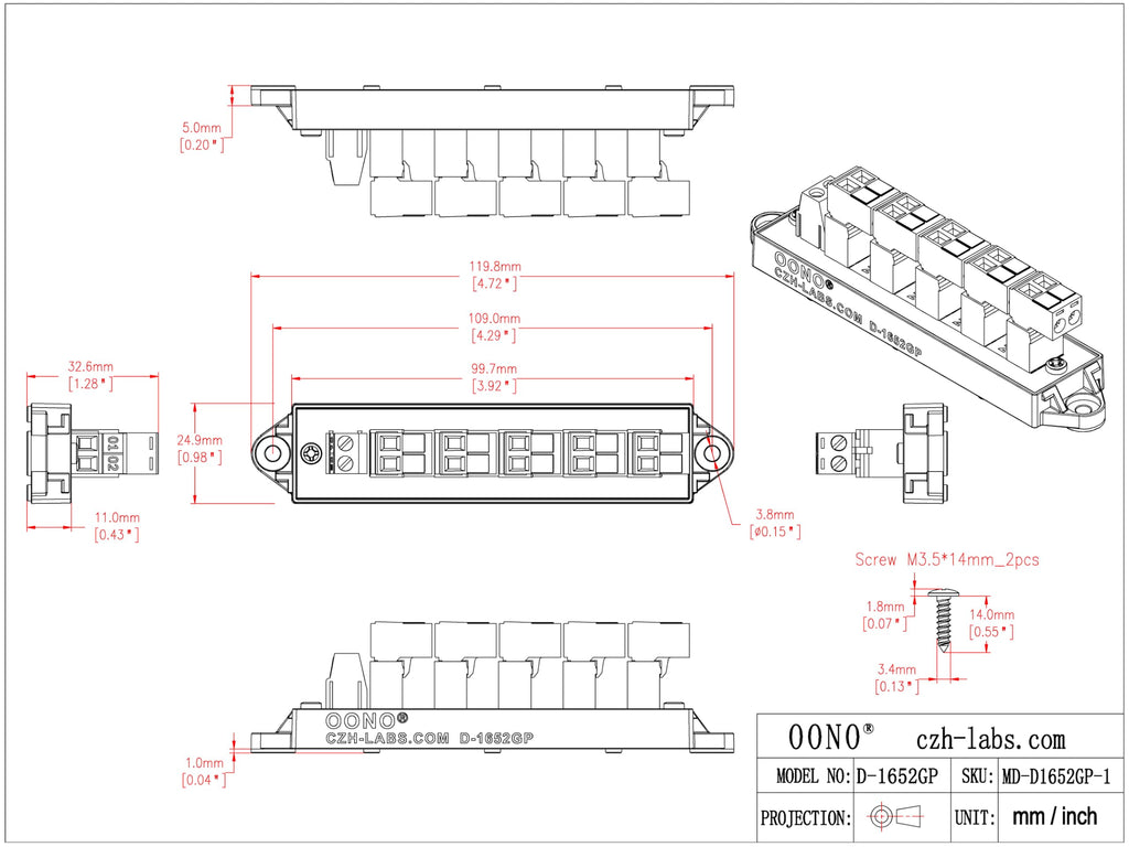 16Amp 300V 2x6 Position Pluggable Terminal Block Distribution Module. OONO D-1652GP
