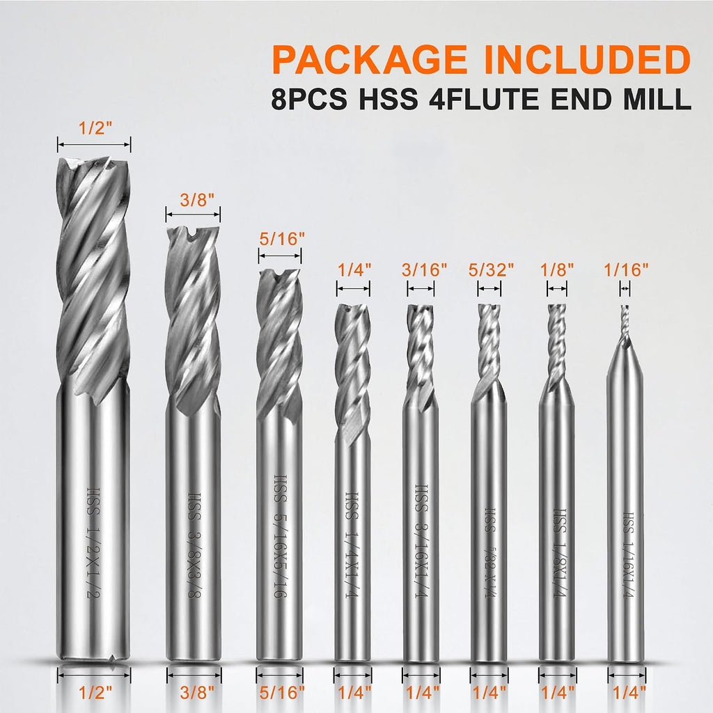 8Pcs 4-Flute Straight End Mill Set,1/8"-1/2" CNC Milling Cutter Drill Bits