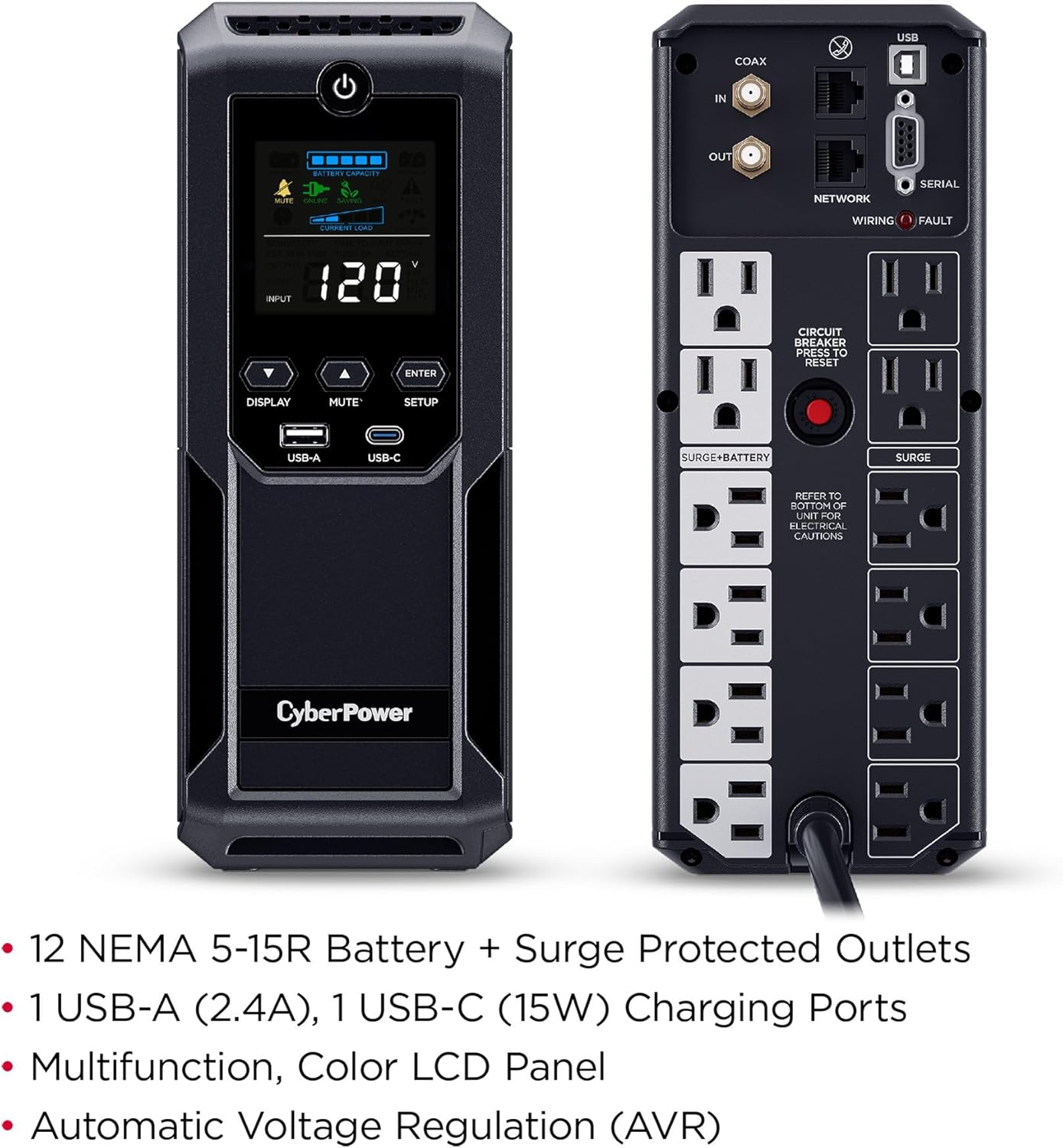CP1500AVRLCD3 Intelligent LCD UPS Battery Backup | 1500VA/900W, 12 Outlets, 2 USB Ports, AVR, Mini Tower, UL Certified