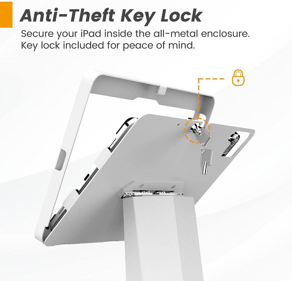 All-in-One Tablet POS Stand with Printer Compartment, All Metal Desktop Kiosk with Key Lock, 90° Flip Enclosure