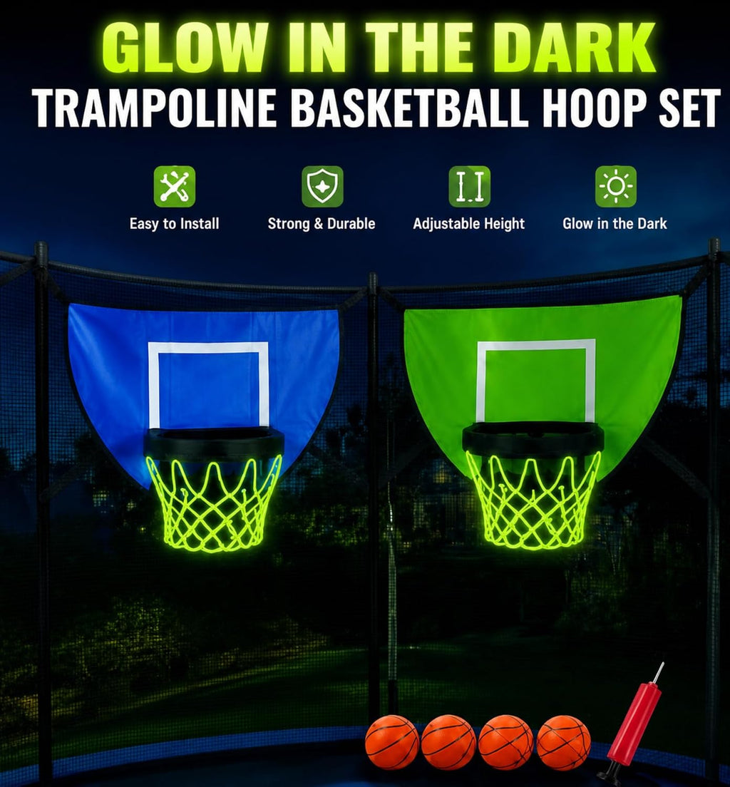 2 Pack Trampoline Basketball Hoop Set Glow in Dark Basketball Net for Adults with 4 Mini Balls and 1 Pump Basketballs