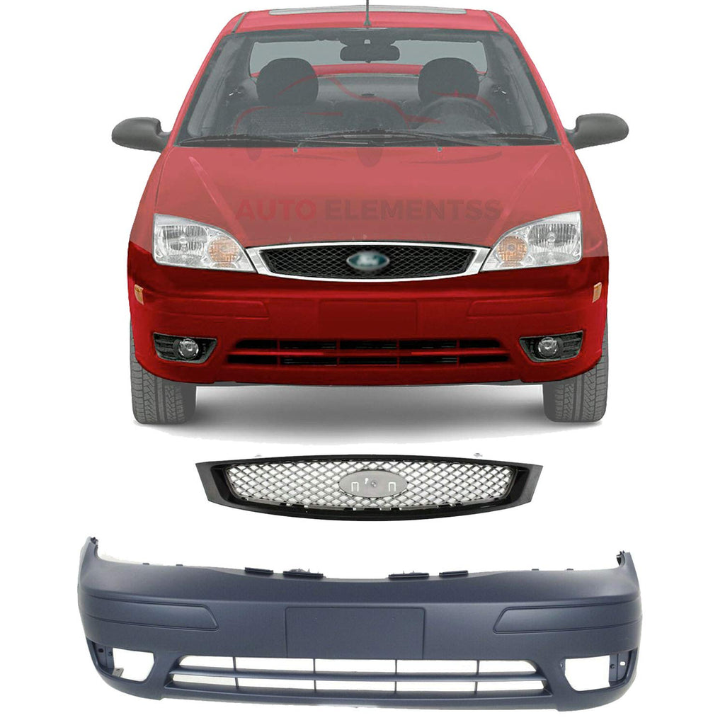 Front Bumper Cover Primed Plastic + Grille Assembly For 2005-2007 Ford Focus Direct Replacement
