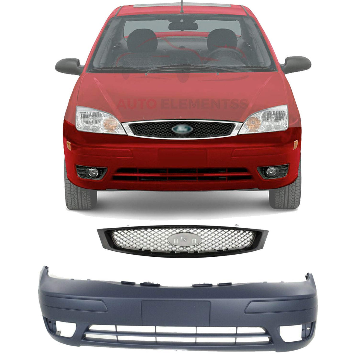 Front Bumper Cover Primed Plastic + Grille Assembly For 2005-2007 Ford Focus Direct Replacement