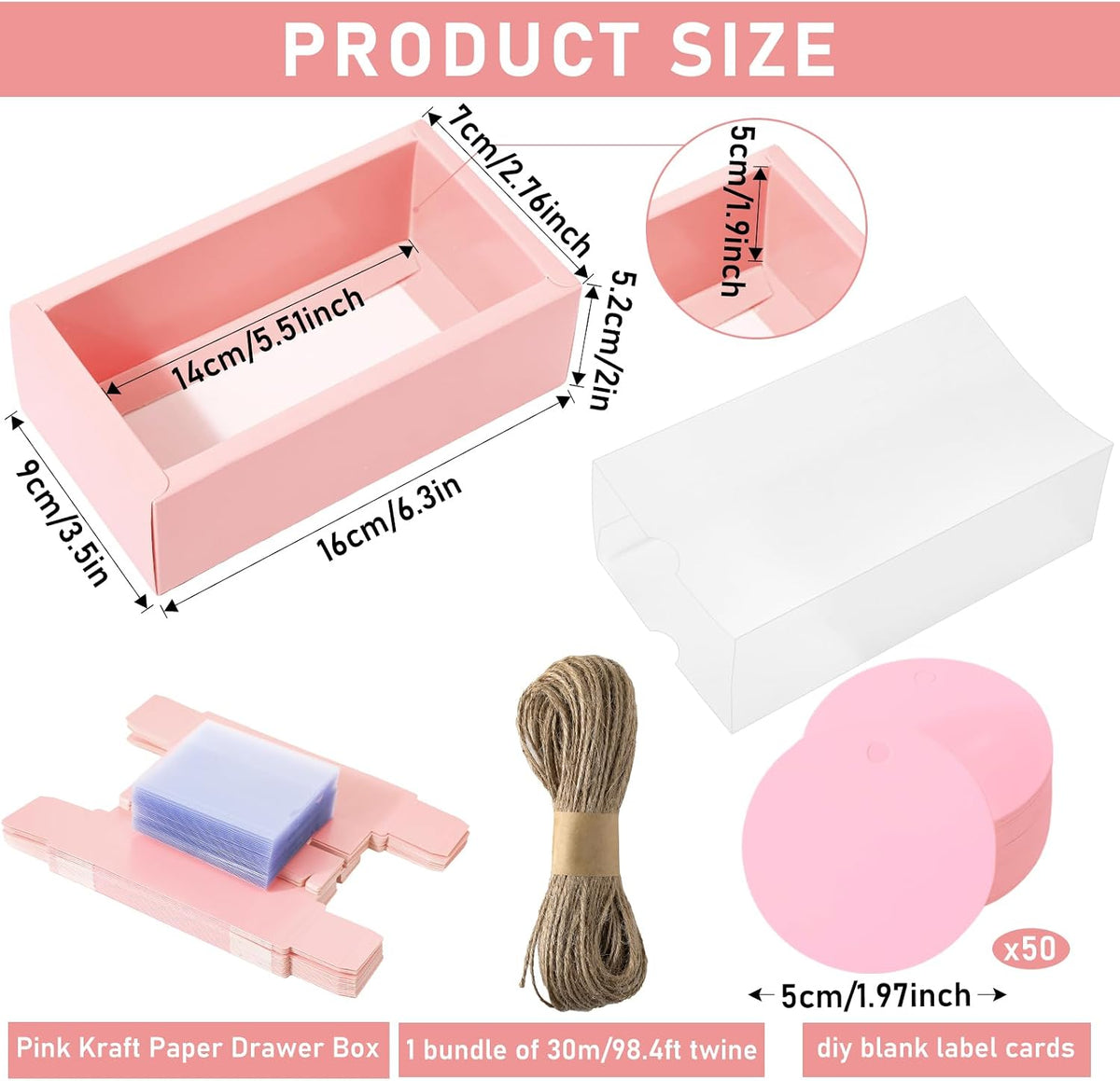 50 Sets Gift Boxes Kraft with Tags, 6.3 x 3.5 x 2 Inch, Pink