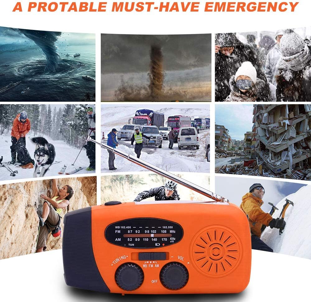 2000mAh NOAA Emergency Weather Radio Solar Hand Crank AM/FM Survival Radio | 4-Mode LED Flashlight & SOS Alarm