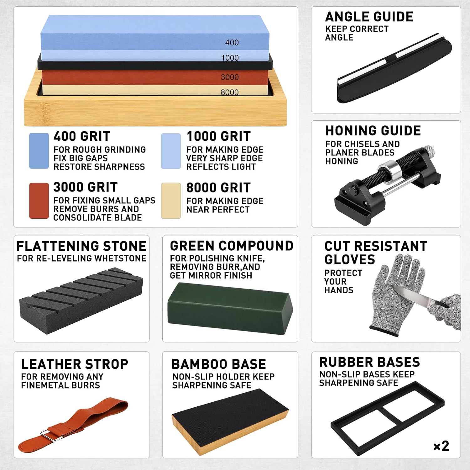 12-Piece Knife Sharpening Stone Set, Whetstone 4 Side 400/1000 3000/8000 Grit, Whetstone Knife Sharpener Stone Kit