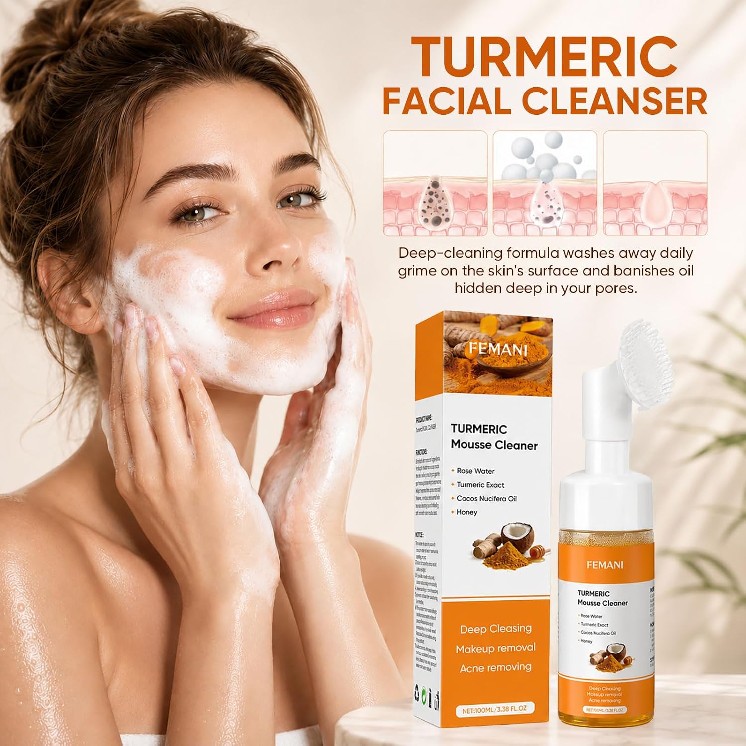 Turmeric Wash and Care 3 Pcs Set: Turmeric Face Wash, Toner & Face Cream | Turmeric Foaming Facial Cleanser for Face