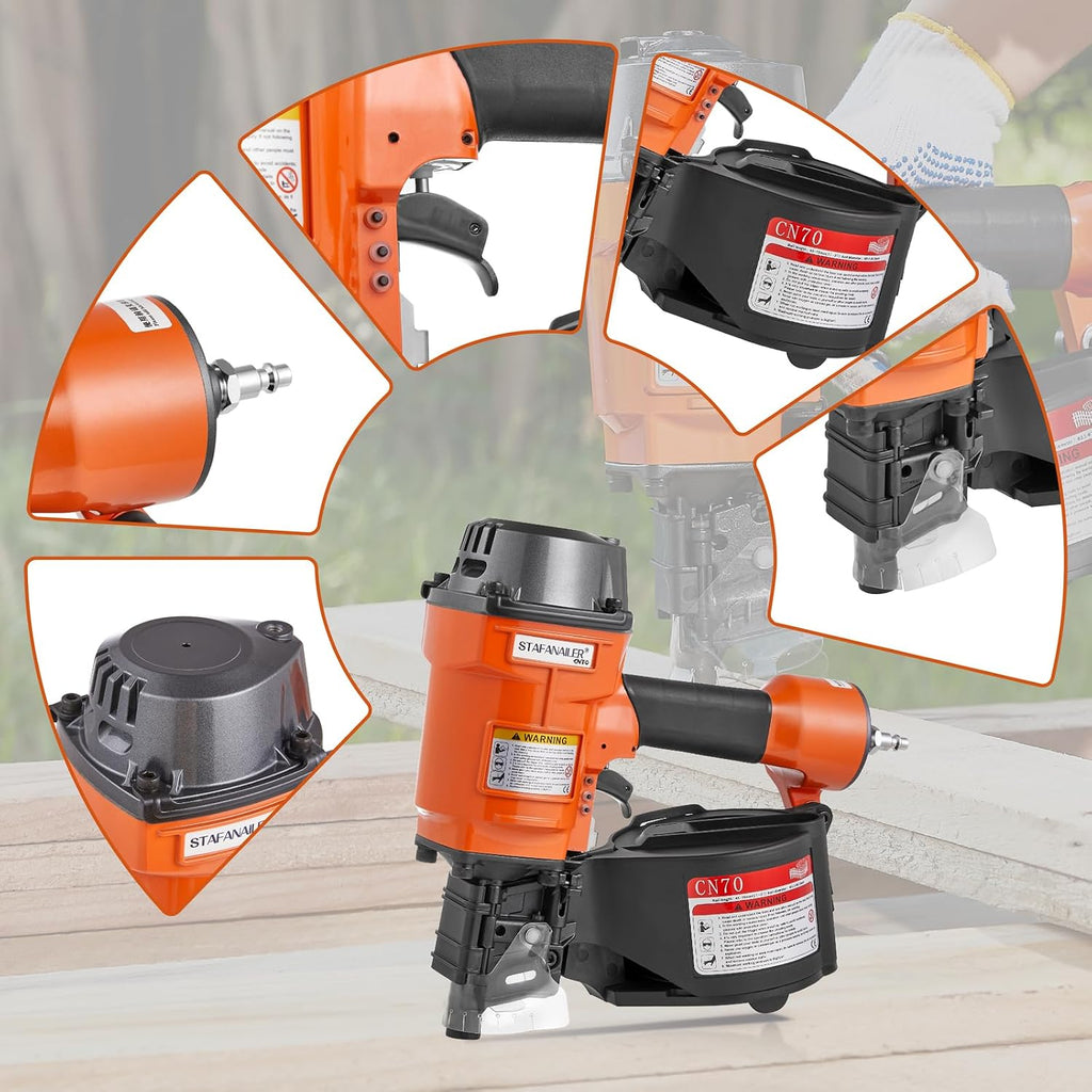 Update CN70 Air Coil Nailer, 15 Degree Pneumatic Coil Nail Gun, 1-3/4" to 2-3/4" Fast Shooting Nailer, High Speed Air
