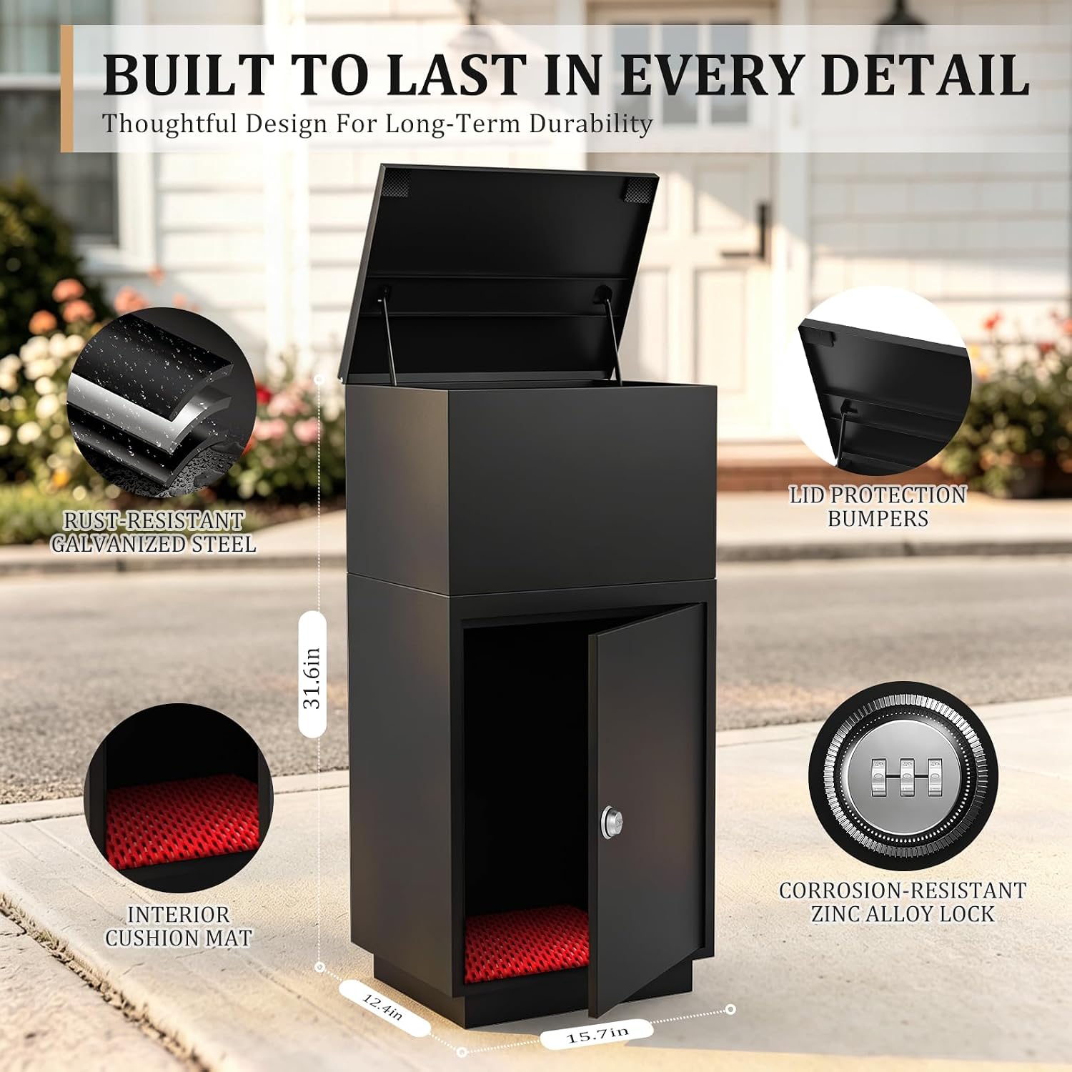 Package Delivery Box for Outside, Galvanized Steel with Code Lock | Raised bolt-down base, anti-theft drop slot