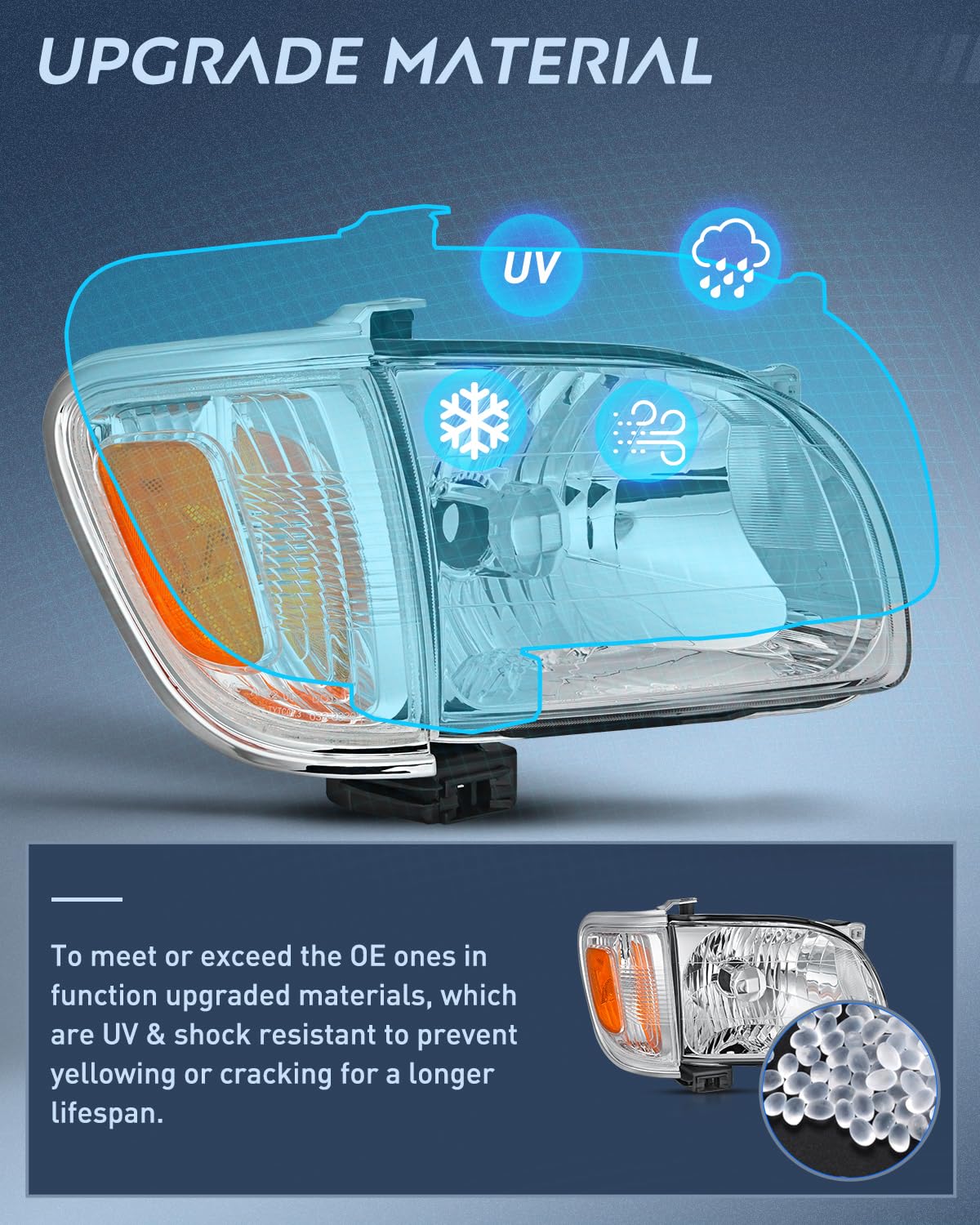 Headlight Assembly Compatible with 2001 2002 2003 2004 Toyota Tacoma Replacement Headlamp Chrome Housing Amber