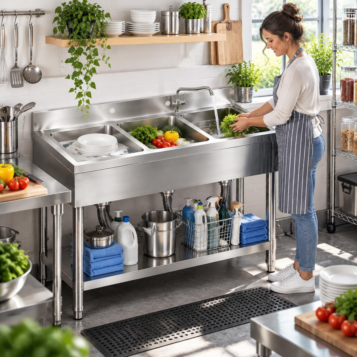 3 Compartment Utility Sink, 39 x 19 x 33 Inch Stainless Steel