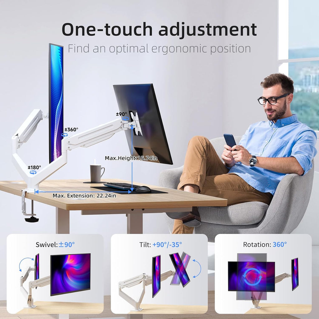 Dual Monitor Mount Stand-Height Adjustable Gas Spring Monitor Arm Desk Mount for 2 Monitor Screens 17 to 32 inches