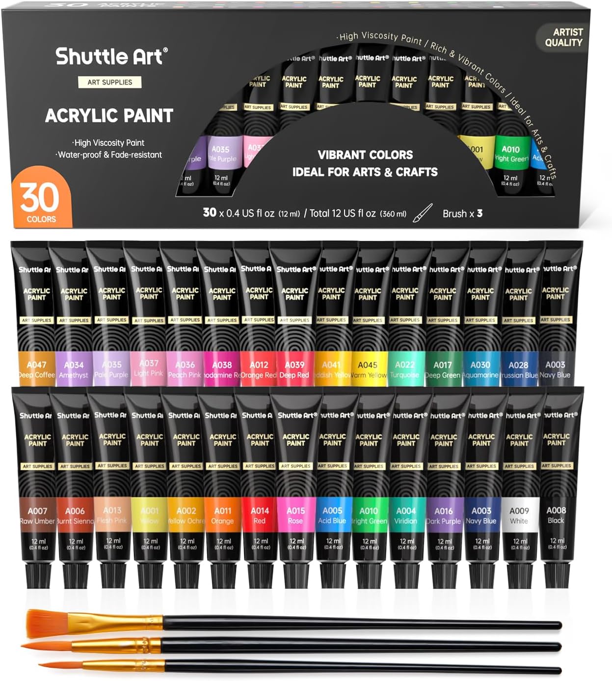 Acrylic Paint Set, 30 x12ml Tubes Artist Quality Non Toxic Rich Pigments Colors Great for Kids Adults Professional