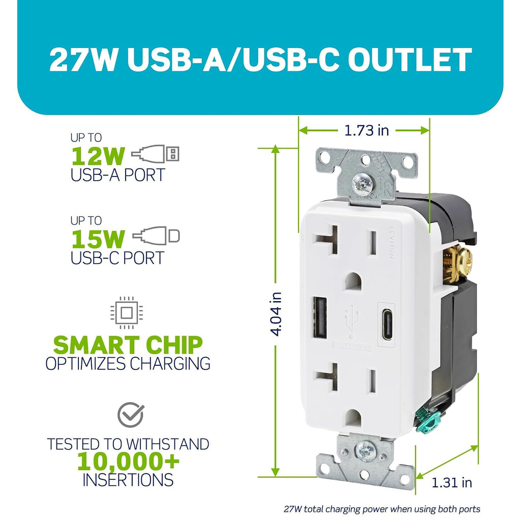 Leviton Decora 27W USB-A/C Wall Outlet, 20A TR Receptacle, AC2X3-W White