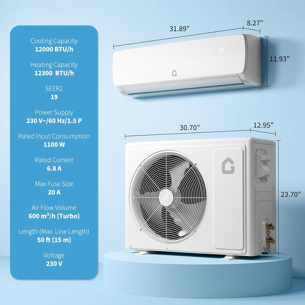 Ductless Mini Split Heat Pump 12000 BTU, 19 SEER2 Inverter Wall AC 230V | Quiet Operation, Cools & Heats Spaces Up to