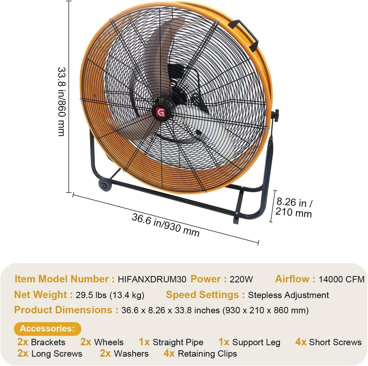 36 Inch Industrial Drum Fan Heavy Duty Metal Drum Floor Fan, 220W, 14000 CFM High Velocity, 3-Speed Control, 360° Adjustable Tilt for Warehouse, Garage, Workshop, Factory, Gym