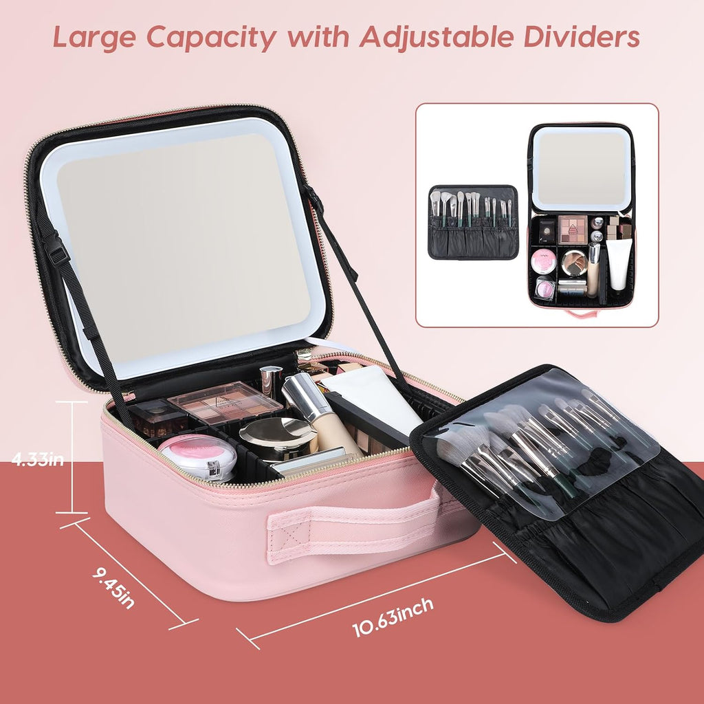 Makeup Bag with Mirror and Light, Cosmetic Travel Case with Mirror, Large Makeup Organizer with Mirror, Portable