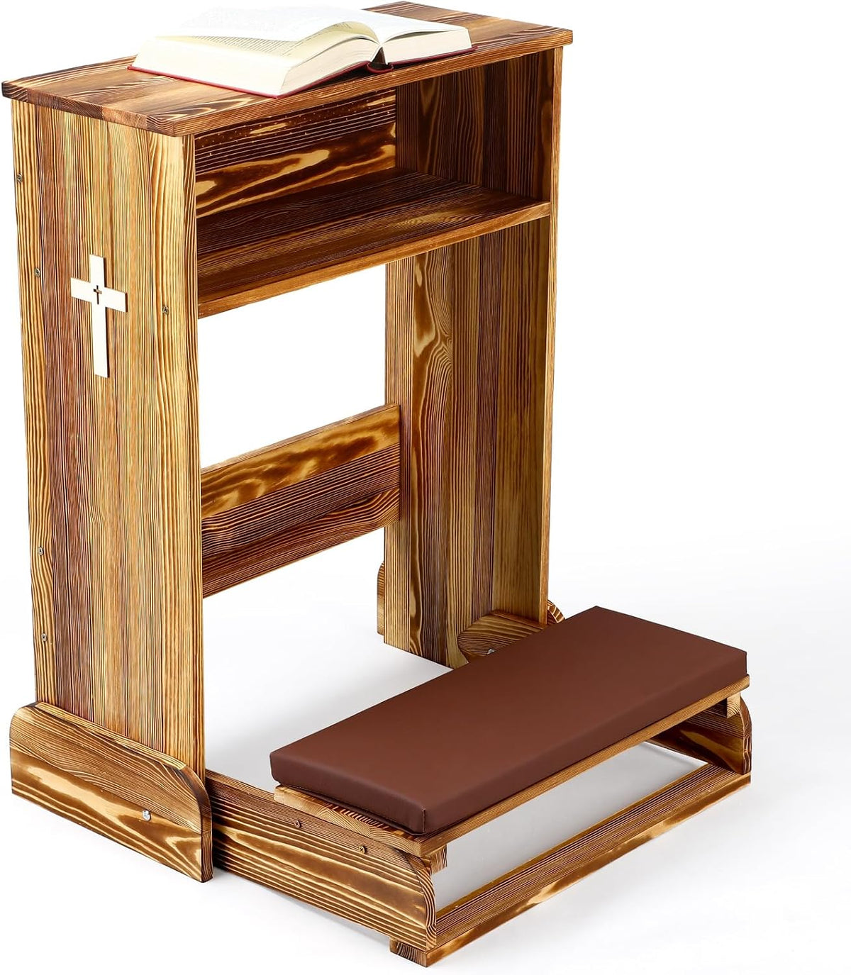 Solid Wood Prayer Bench Stool with Shelf and Cushion Church Prayer Bench Table Chair Padded Kneeler for Kneeling at
