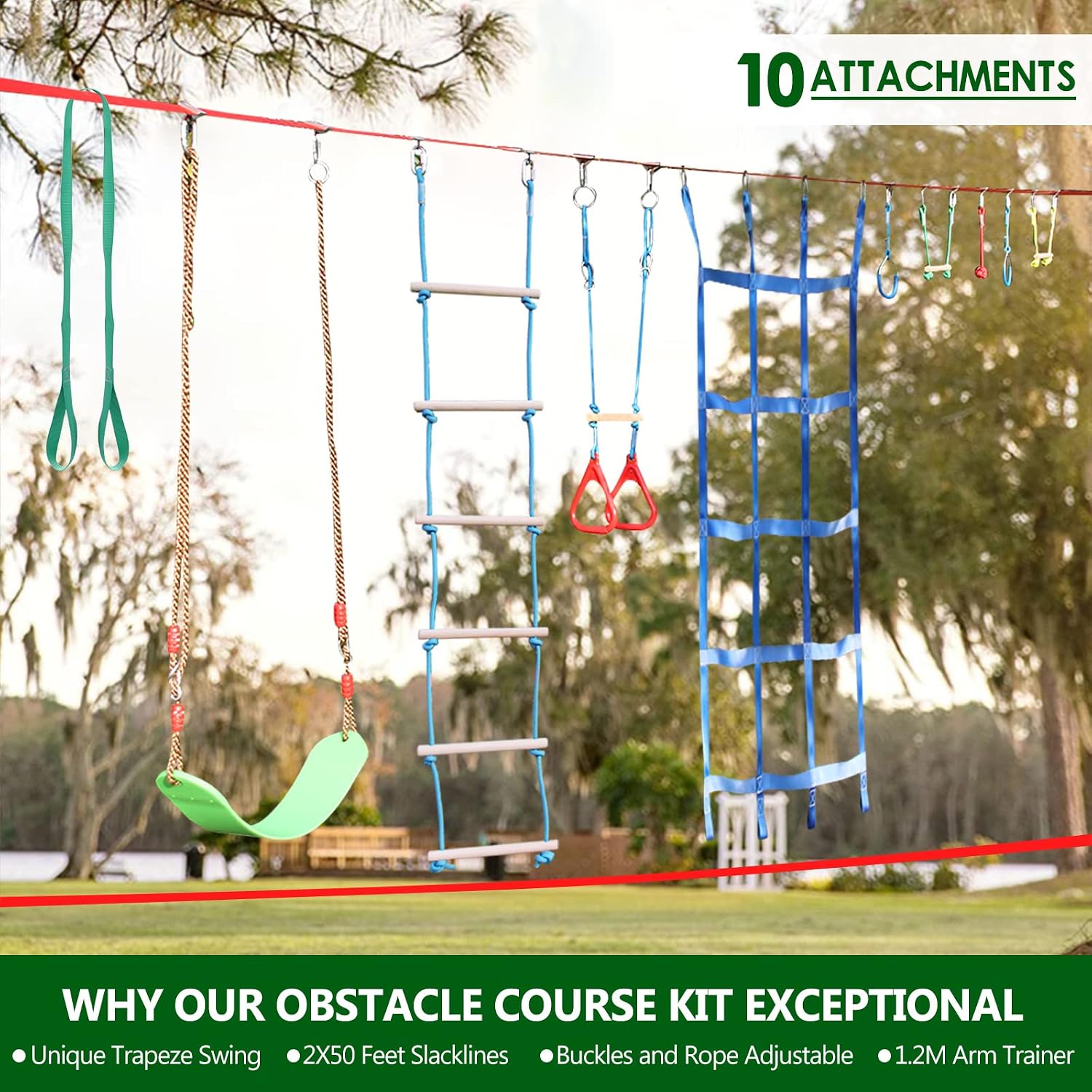 Ninja Warrior Obstacle Course for Kids Backyard - 2×50ft Slackline Kit with 10 Most Complete Accessories for Boys &