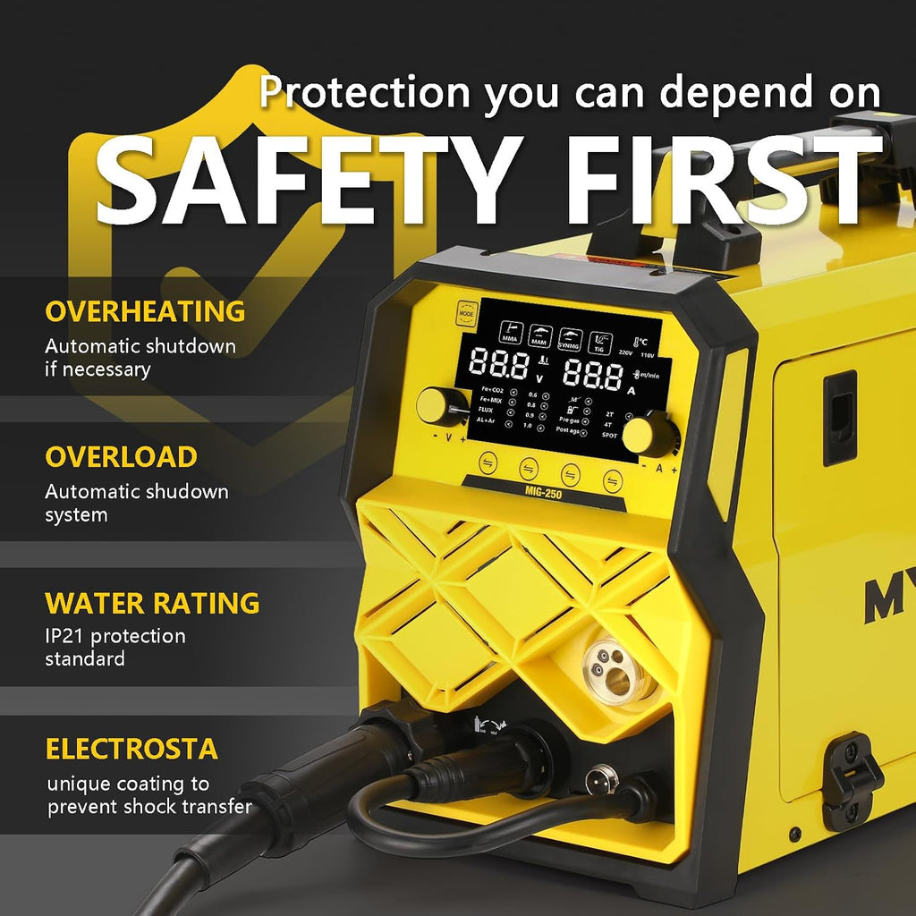 250A MIG Welder,5 in 1 Gas MIG/Gasless Flux Core/Stick/Lift TIG/Spot Welding/Spool Gun Compatible Aluminum Welding