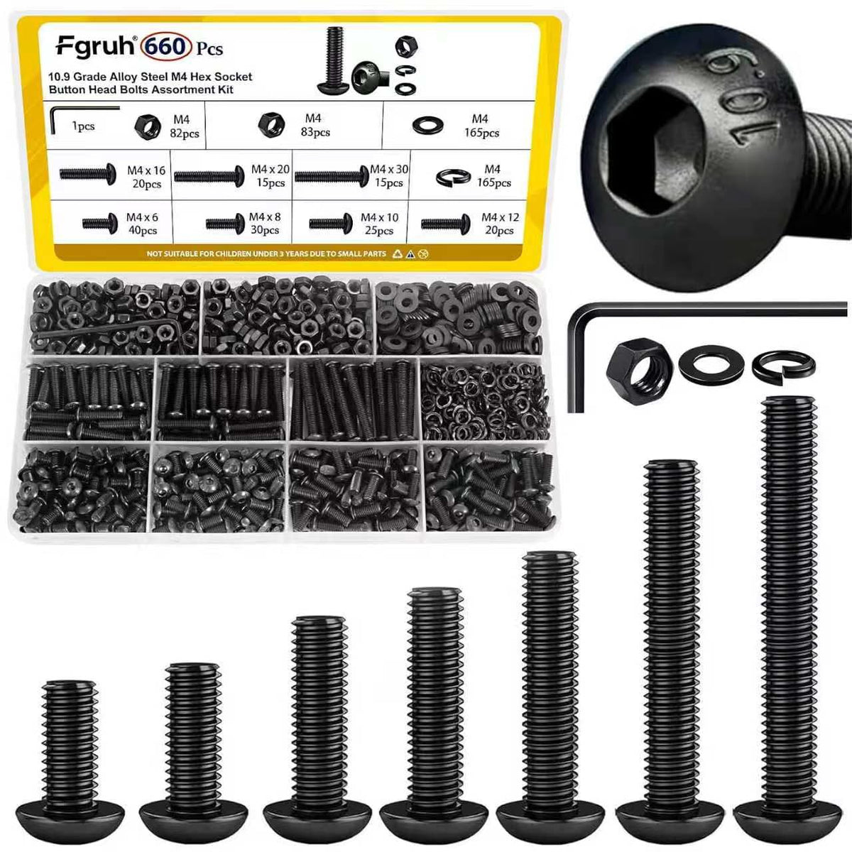 660PCS M4 Hex Button Screws Assortment Kit, M4x6/8/10/12/16/20/30 mm