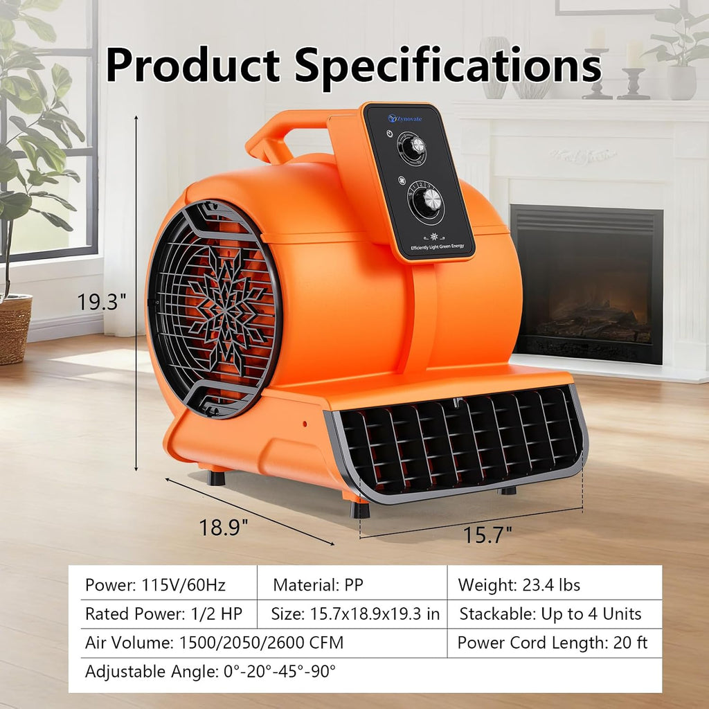 Air Mover 1/2 HP 2600 CFM Air Blower Fan Carpet Dryer, Floor Dryer Fan | 3-Speed, 4 Adjustable Angles, Timer
