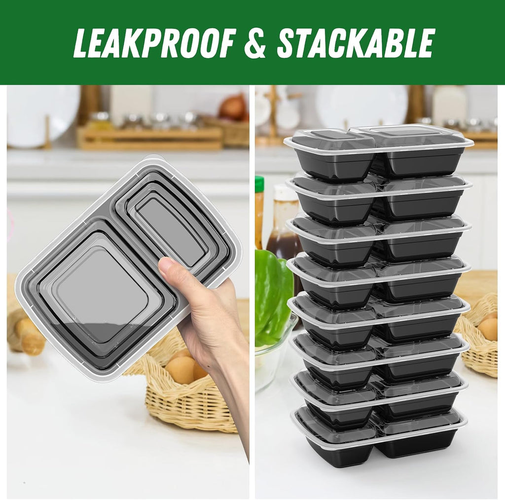 50 Pack 28 oz Meal Prep Containers with Lids 2-Compartment, Black