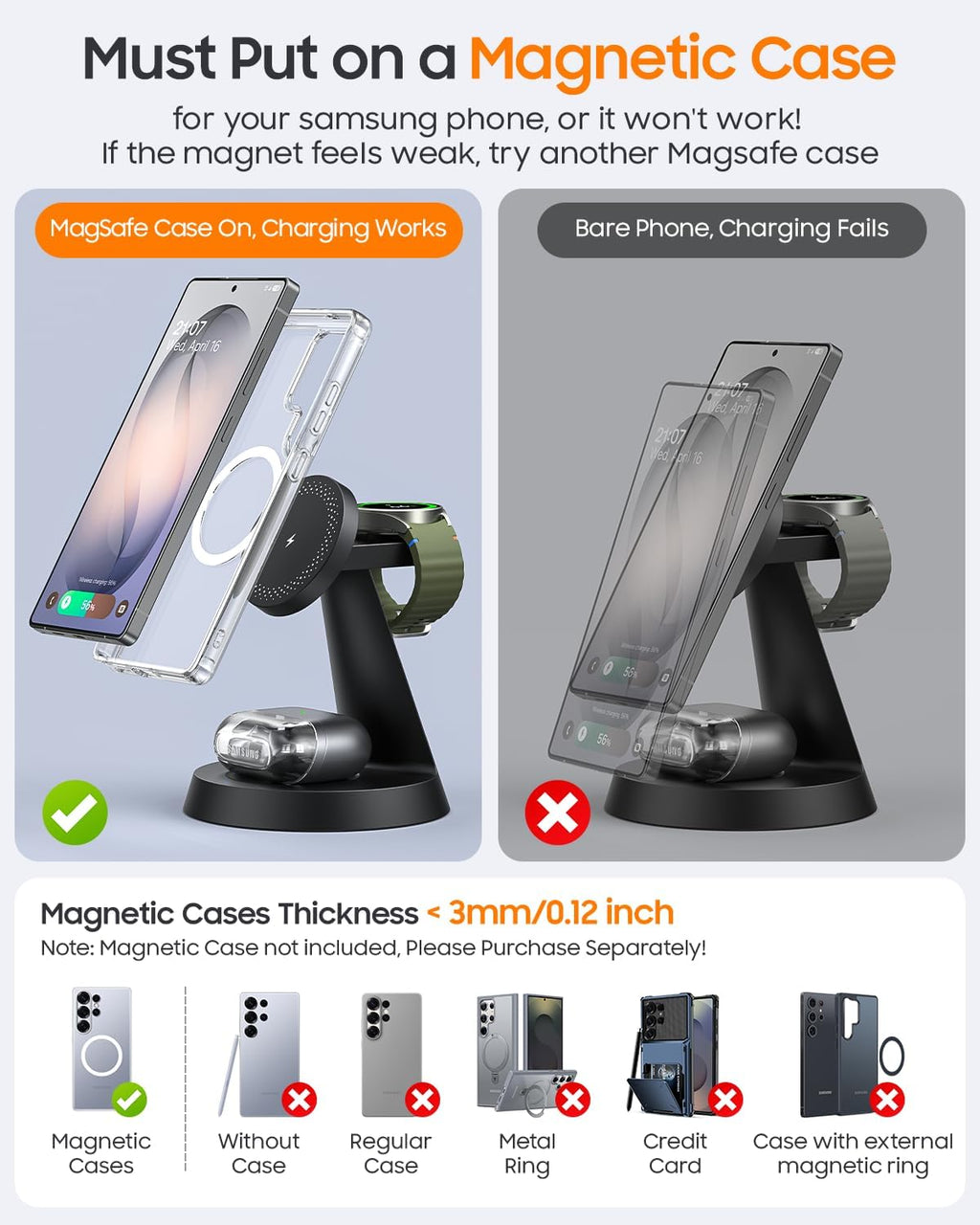 Magnetic Wireless Charger for Samsung, 3 in 1 Charging Station Compatible with MagSafe Samsung Charger for Galaxy S26