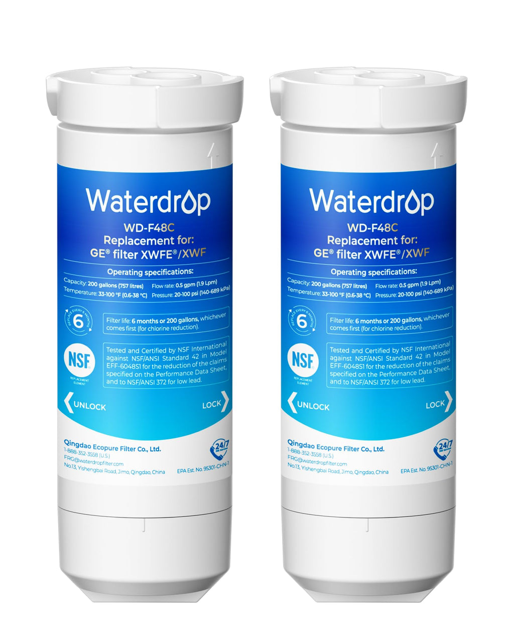 Water Filter Replacement for GE XWFE, Built-in Chip, 2 Pack